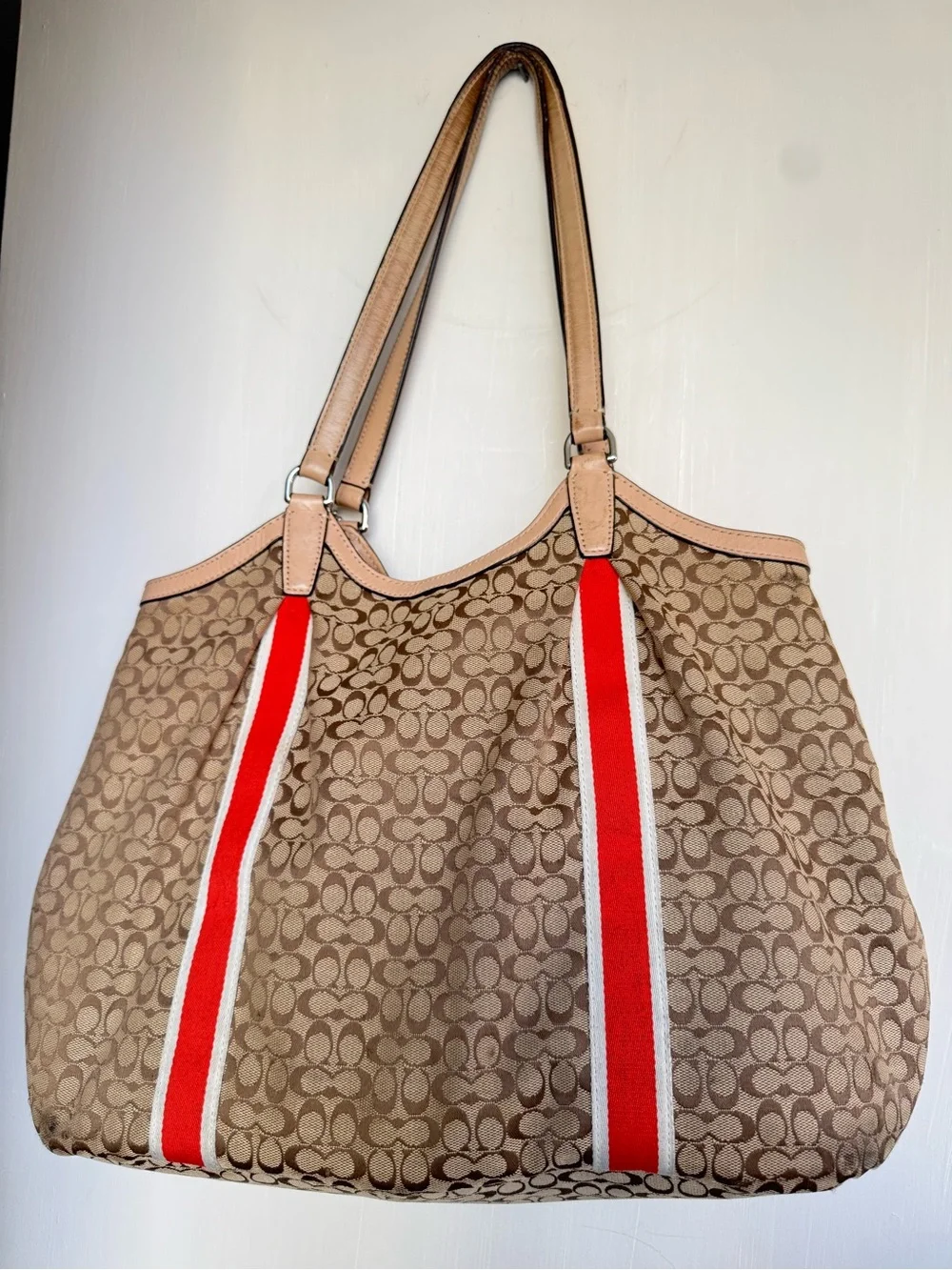 Coach Beige Signature Tote with Red Stripe Accents